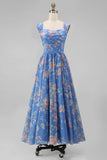 Blue Floral A-Line Square Neck Ruched Bodice Midi Dress