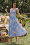 Blue Floral A-Line Square Neck Ruched Bodice Midi Dress