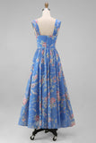 Blue Floral A-Line Square Neck Ruched Bodice Midi Dress