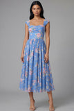 Square Neck Sheath Chiffon Blue Ruched Floral Printed Midi Wedding Guest Dress