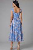 Blue Floral A-Line Square Neck Ruched Bodice Midi Dress