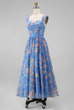 Blue Floral A-Line Square Neck Ruched Bodice Midi Dress