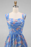 Blue Floral A-Line Square Neck Ruched Bodice Midi Dress