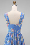 Blue Floral A-Line Square Neck Ruched Bodice Midi Dress
