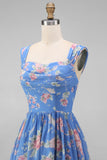 Blue Floral A-Line Square Neck Ruched Bodice Midi Dress