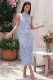 Blue Lace Halter Neck Bodycon Floral Long Wedding Guest Dress with Slit