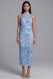 Blue Lace Halter Neck Bodycon Floral Long Wedding Guest Dress with Slit