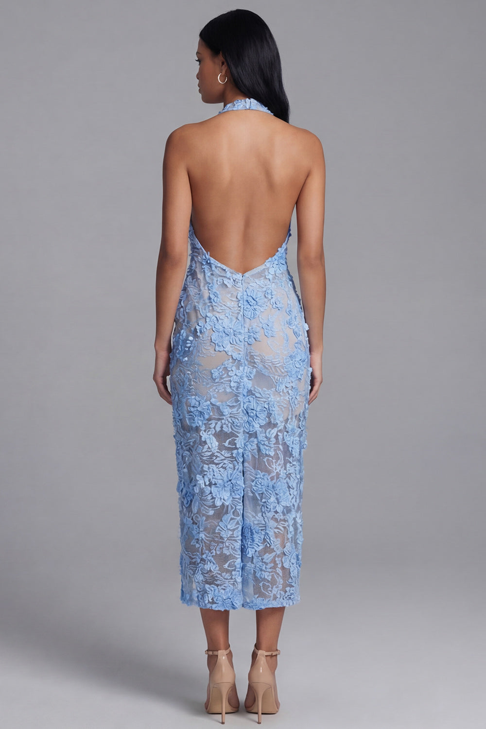 periwinkle lace midi dress Fleurisse Padded Lace Mermaid Midi Dress in Periwinkle