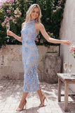 Blue Lace Halter Neck Bodycon Floral Long Wedding Guest Dress with Slit
