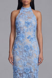 Blue Lace Halter Neck Bodycon Floral Long Wedding Guest Dress with Slit