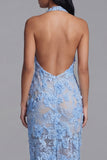 Blue Lace Halter Neck Bodycon Floral Long Wedding Guest Dress with Slit