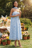 Blue Strapless A-Line Appliqued Floral Midi Wedding Guest Dress with Neck Scarf
