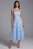 Blue Strapless A-Line Appliqued Floral Midi Wedding Guest Dress with Neck Scarf