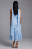 Blue Strapless A-Line Appliqued Floral Midi Wedding Guest Dress with Neck Scarf