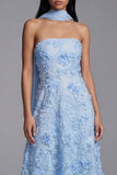 Blue Strapless A-Line Appliqued Floral Midi Wedding Guest Dress with Neck Scarf