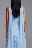 Blue Strapless A-Line Appliqued Floral Midi Wedding Guest Dress with Neck Scarf