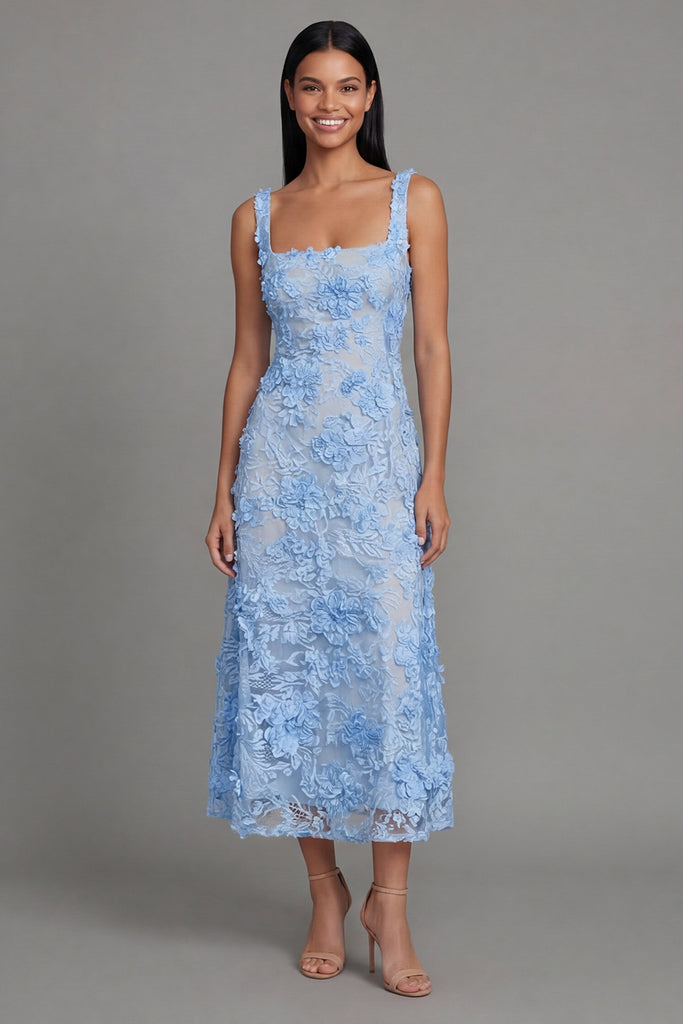 ZAPAKA Women Blue Midi Dress Tulle Appliqued Square Neck Floral Sheath