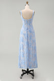 Blue Square Neck Floral Sheath Midi Dress with Appliques