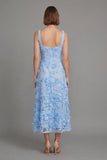 Blue Square Neck Floral Sheath Midi Dress with Appliques