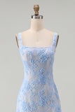 Blue Square Neck Floral Sheath Midi Dress with Appliques