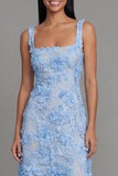 Blue Square Neck Floral Sheath Midi Dress with Appliques