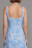 Blue Square Neck Floral Sheath Midi Dress with Appliques