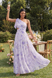 One Shoulder Lilac Tulle Printed Floral A-Line Maxi Dress with Slit
