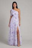 One Shoulder Lilac Tulle Printed Floral A-Line Maxi Dress with Slit