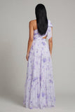 One Shoulder Lilac Tulle Printed Floral A-Line Maxi Dress with Slit