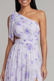 One Shoulder Lilac Tulle Printed Floral A-Line Maxi Dress with Slit