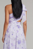 One Shoulder Lilac Tulle Printed Floral A-Line Maxi Dress with Slit