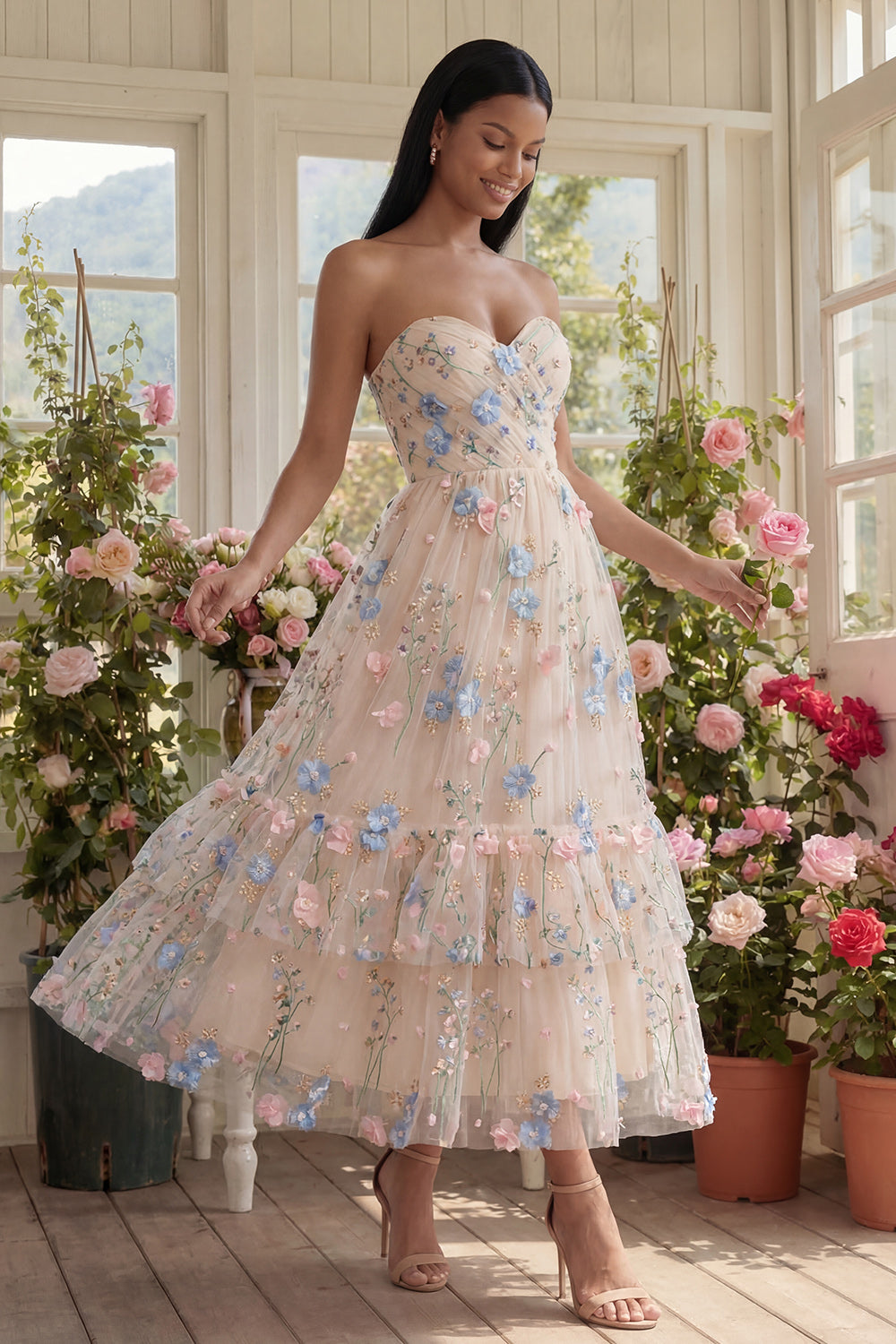 ZAPAKA Women Sweetheart Champagne Midi Dress with Tulle Appliqued A-Line Floral Wedding Guest Dress, Champagne / US16W