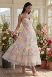 Sweetheart Champagne Tulle Appliqued Floral A-Line Midi Dress