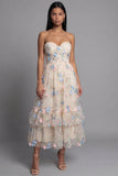 Sweetheart Champagne Tulle Appliqued Floral A-Line Midi Dress