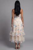 Sweetheart Champagne Tulle Appliqued Floral A-Line Midi Dress