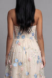 Sweetheart Champagne Tulle Appliqued Floral A-Line Midi Dress