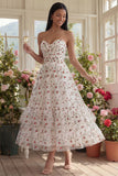 Sweetheart Champagne Tulle Appliqued Floral A-Line Midi Dress