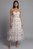 Sweetheart Champagne Tulle Appliqued Floral A-Line Midi Dress