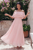 Off the Shoulder Pink Tulle Sheath Pleated Maxi Dress with Ruffles
