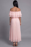 Off the Shoulder Pink Tulle Sheath Pleated Maxi Dress with Ruffles