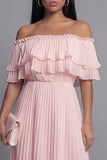 Off the Shoulder Pink Tulle Sheath Pleated Maxi Dress with Ruffles