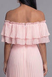 Off the Shoulder Pink Tulle Sheath Pleated Maxi Dress with Ruffles