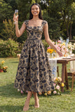Gold A-Line Square Neck Ruched Jacquard Floral Midi Dress