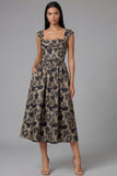 Gold A-Line Square Neck Ruched Jacquard Floral Midi Dress