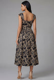 Gold A-Line Square Neck Ruched Jacquard Floral Midi Dress
