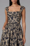 Gold A-Line Square Neck Ruched Jacquard Floral Midi Dress