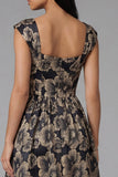 Gold A-Line Square Neck Ruched Jacquard Floral Midi Dress