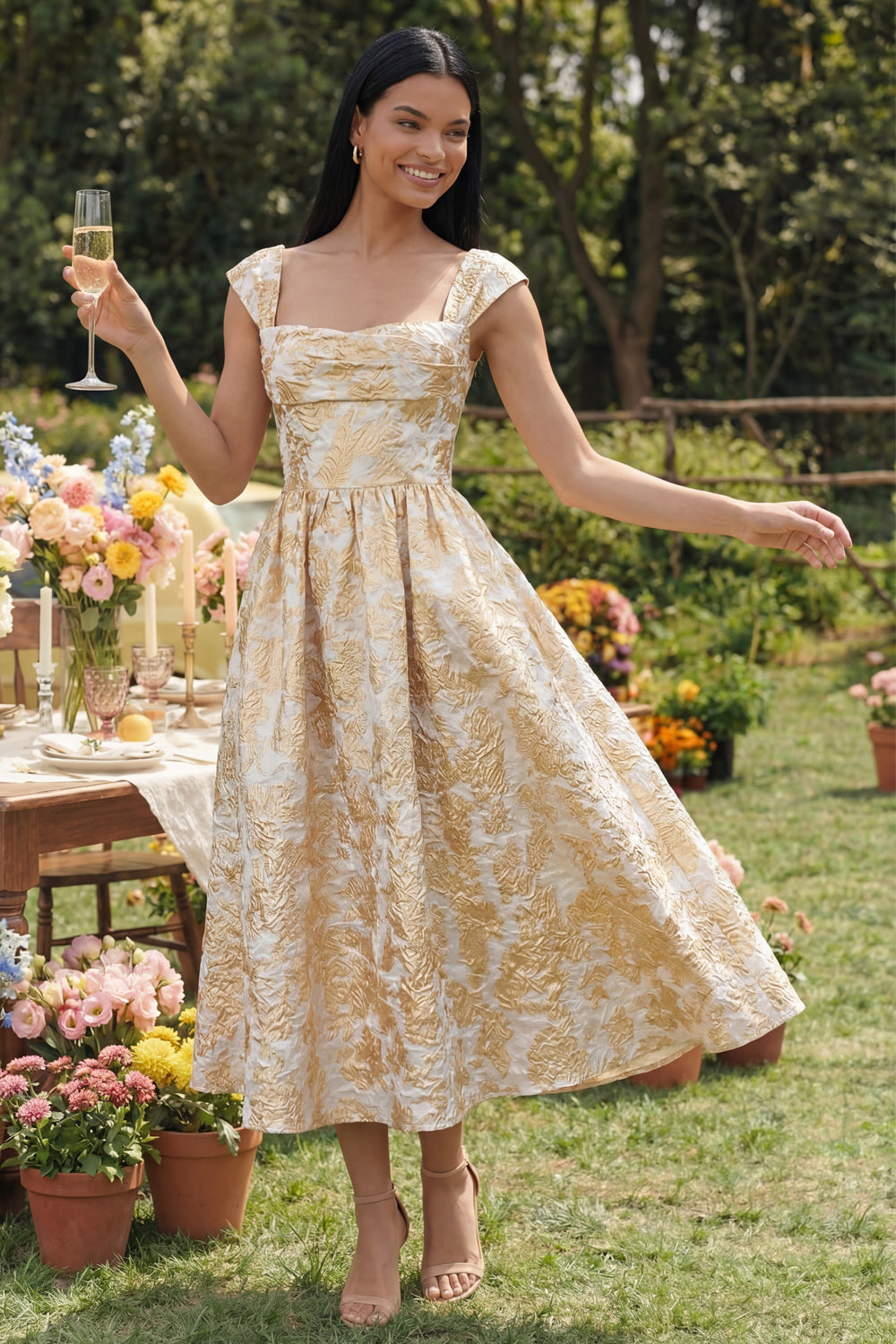 ZAPAKA Women Gold A-Line Midi Dress Square Neck Ruched Jacquard Floral Wedding Guest Dress, Gold / US16W
