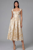 Gold A-Line Square Neck Ruched Jacquard Floral Midi Dress