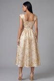 Gold A-Line Square Neck Ruched Jacquard Floral Midi Dress